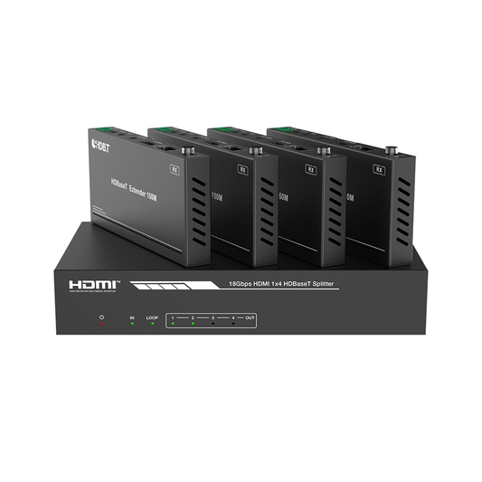 Splitter mas Extensor de Video | 1x4Â | ProAV | HDBaseTâ„¢ | 120m en 4K@60Hz | 150m en 1080p@60Hz | Cat6/6a/7 | GestiÃ³n Avanzada EDID | Control IR y RS232 | PoC |Â Salida de Audio