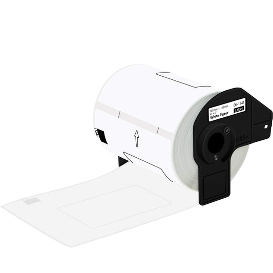 Etiqueta blanca de papel Brother DK1241, 180 etiquetas de 101 mm de ancho x 152 mm de largo. Impresión en negro. QL1110NWB.