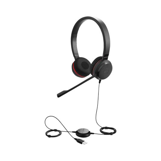 Jabra Evolve 30 Duo con conexiÃ³n USB / 3.5mm, micrÃ³fono con cancelaciÃ³n de ruido y controlador en el cable con botones e indicadores LED (5399-829-309)