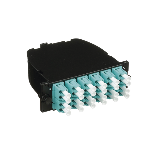 Casete OptiCom® de Fibra Óptica Multimodo OM3, Con 2 Conectores MPO a 12 LC Duplex, Polaridad Método A, Pérdida de Inser