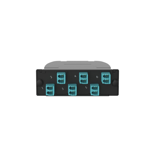 Casete OptiCom® de Fibra Óptica Multimodo OM4, Con Conector MPO a 6 LC Duplex, Polaridad Método A, Pérdida de Inserción 
