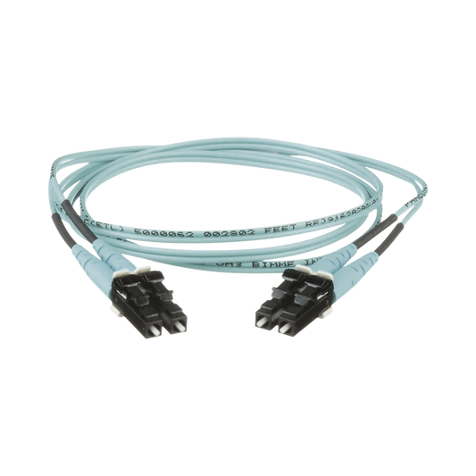 Jumper de Fibra Optica Multimodo 50/125 OM3, LC-LC Duplex, OFNR (Riser), Color Aqua, 8 Metros | PANDUIT