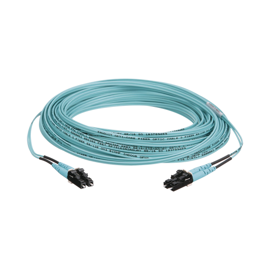 Jumper de Fibra Optica Multimodo 50/125 OM3, LC-LC Duplex, OFNR (Riser), Color Aqua, 15 Metros | PANDUIT