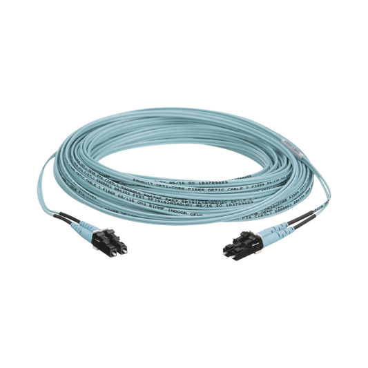 Jumper de Fibra Optica Multimodo 50/125 OM3, LC-LC Duplex, OFNR (Riser), Color Aqua, 50 Metros | PANDUIT