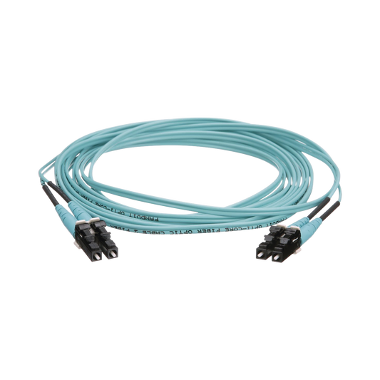 Jumper de Fibra Óptica Multimodo 50/125 OM4, LC-LC Duplex, OFNR (Riser), Color Aqua, 5 Metros | PANDUIT