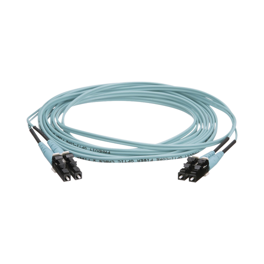Jumper de Fibra Optica Multimodo 50/125 OM4, LC-LC Duplex, OFNR (Riser), Color Aqua, 20 Metros | PANDUIT