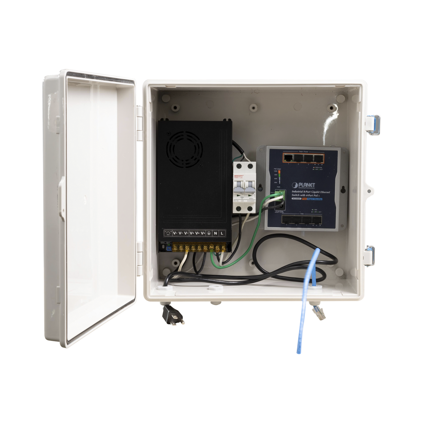 Switch para exterior / 8 puertos Gigabit con 4 puertos PoE 802.3at / ProtecciÃ³n tÃ©rmica 2P, 16A, Corriente Alterna 400 Vca