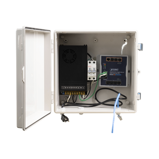 Switch para exterior / 8 puertos Gigabit con 4 puertos PoE 802.3at / ProtecciÃ³n tÃ©rmica 2P, 16A, Corriente Alterna 400 Vca
