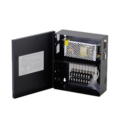 Fuente de poder profesional CCTV de 12-13.2Vdc @5A, 8 cÃ¡maras, Volt. de entrada: 100-240 Vca (Fusibles Administrables)