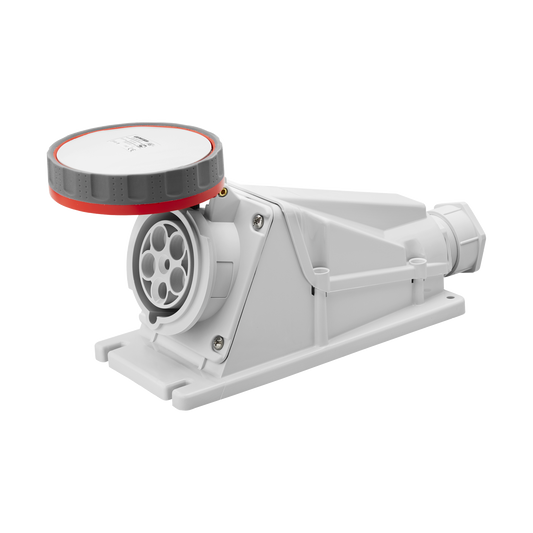 BASE DE SUPERFICIE ANGULADA 90Â° - IP67 - 3P+N+T 125A 380-415V 50/60HZ - ROJA - 6H - CABLEADO POR TORNILLO