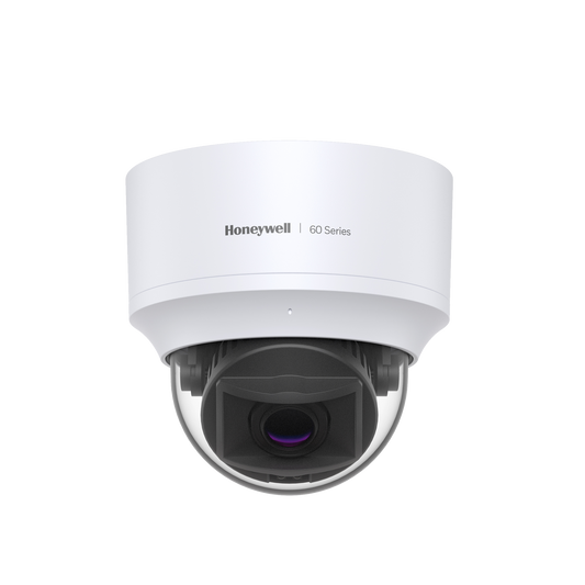 Domo IP 5 MP / Lente Mot. 7 a 22 mm / Interior / 30 mts IR / H.265 / NDAA / ONVIF / IP52 / IK10 / Detección Sabotaje / Movimiento / Rostros / Intrusión / Merodeo / Objeto Abandonado / Audio I/O / PoE / Serie 60 / Honeywell Security
