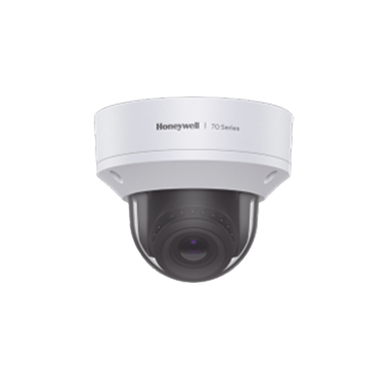 Domo IP 8 MP / Lente Mot. 3.6 a 11 mm / H.265 / NDAA / ONVIF / IK10 / WDR 130 dB / IA Avanzado Detección Sabotaje / Movimiento / Rostros / Intrusión / Merodeo / Objeto Abandonado / Alarma y Audio I/O / PoE / Serie 70 / Honeywell Security