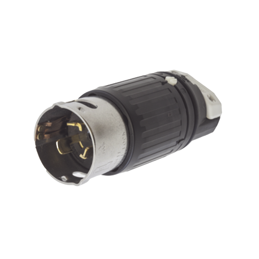 Enchufe Macho con Bloqueo de Media Vuelta TrifÃ¡sico / 50 A 250 VCA 3 Fases / 3 Polos 4 Hilos / Grado Industrial / Color Negro y Blanco.
