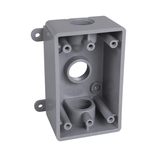 Caja Impermeable de 1 Gang / Profundidad de 2"/ Cuenta con 3 Salidas roscadas para tuberÃ­a de 1/2" Ã³ 3/4"/ Color Gris.
