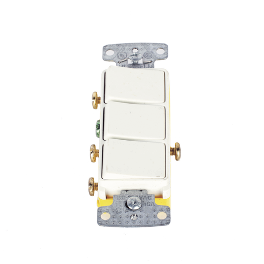 Interruptor Residencial 15 A 120 V, con 3 Bases Unipolares, Cableado lateral, Color Blanco.