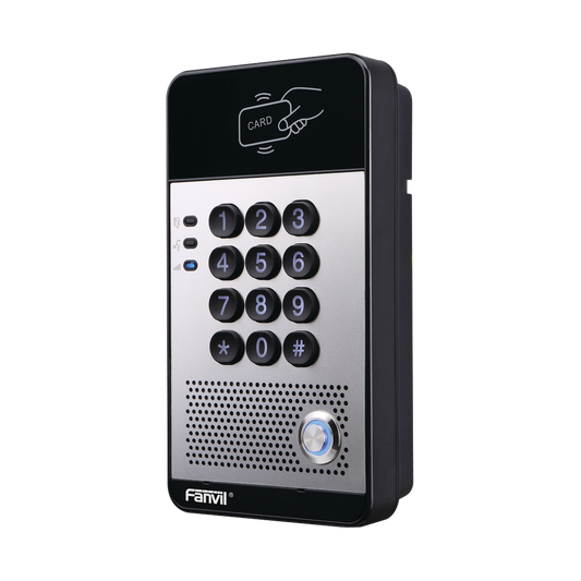 Audio Portero IP con 2 lÃ­neas SIP, relevador integrado, teclado numÃ©rico y lectora de tarjetas RFID para control de acceso, PoE