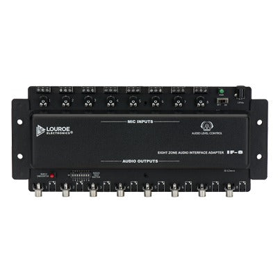 Interfaz de audio LOUROE de 8 zonas para micrÃ³fonos, proporciona alimentaciÃ³n , control de ganancia y facilita la conexiÃ³n entre micrÃ³fonos y cÃ¡maras.