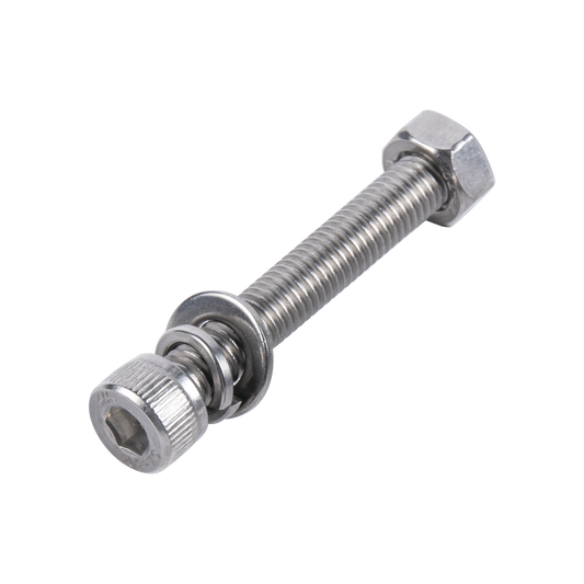 Tornillo Allen Milimétrico de Acero Inoxidable M8-1.25 x 60/ Incluye Tuerca, Arandela Plana y Arandela Presión / Para Montajes de Módulos Solares / Bolsa con 6 piezas.