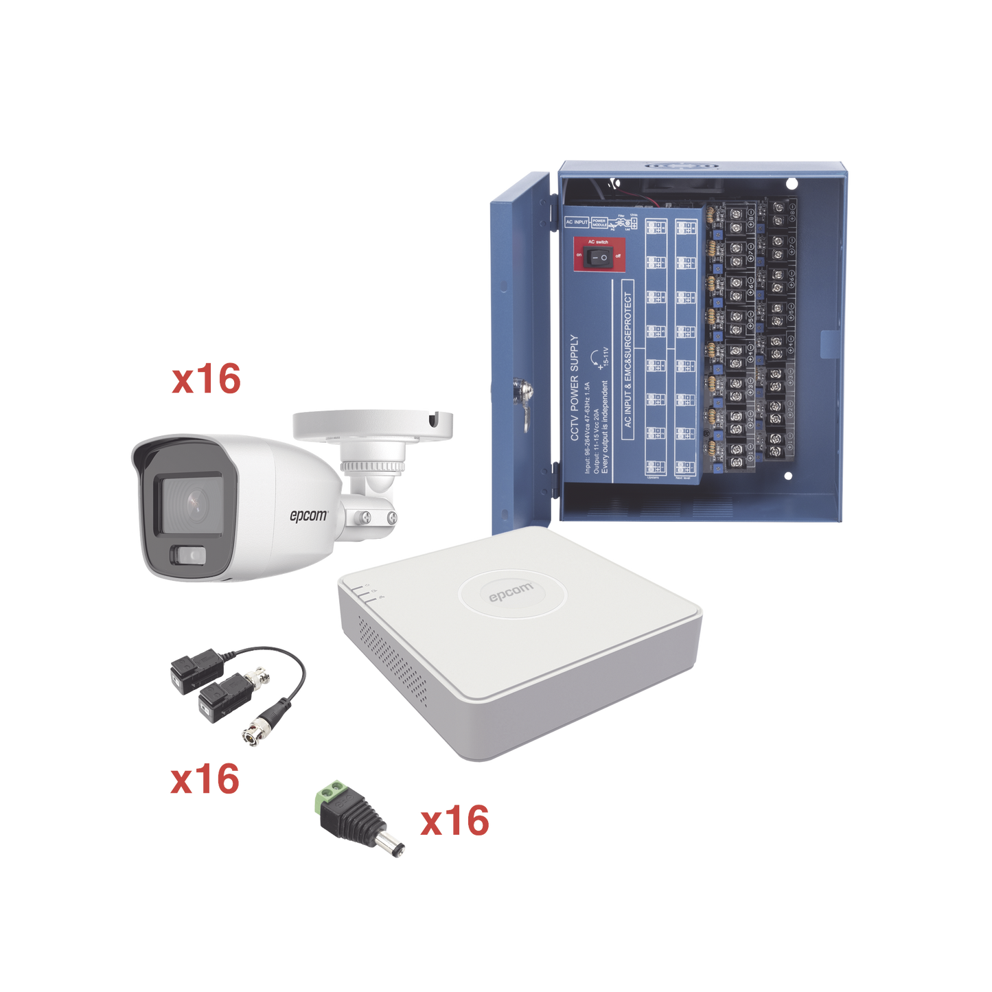 Kit TurboHD 1080p Lite / DVR 16 Canales / 16 CÃ¡maras Bala Exterior ( 2.8mm) con ColorVu + MicrÃ³fono Integado / Transceptores / Conectores / Fuente de Poder Profesional
