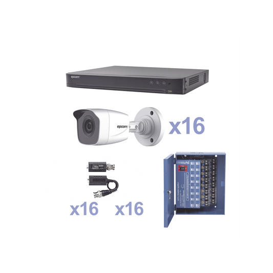 KIT TurboHD 1080p / DVR 16 Canales / 16 CÃ¡maras Bala (exterior 2.8 mm) / Transceptores / Conectores / Fuente de Poder Profesional