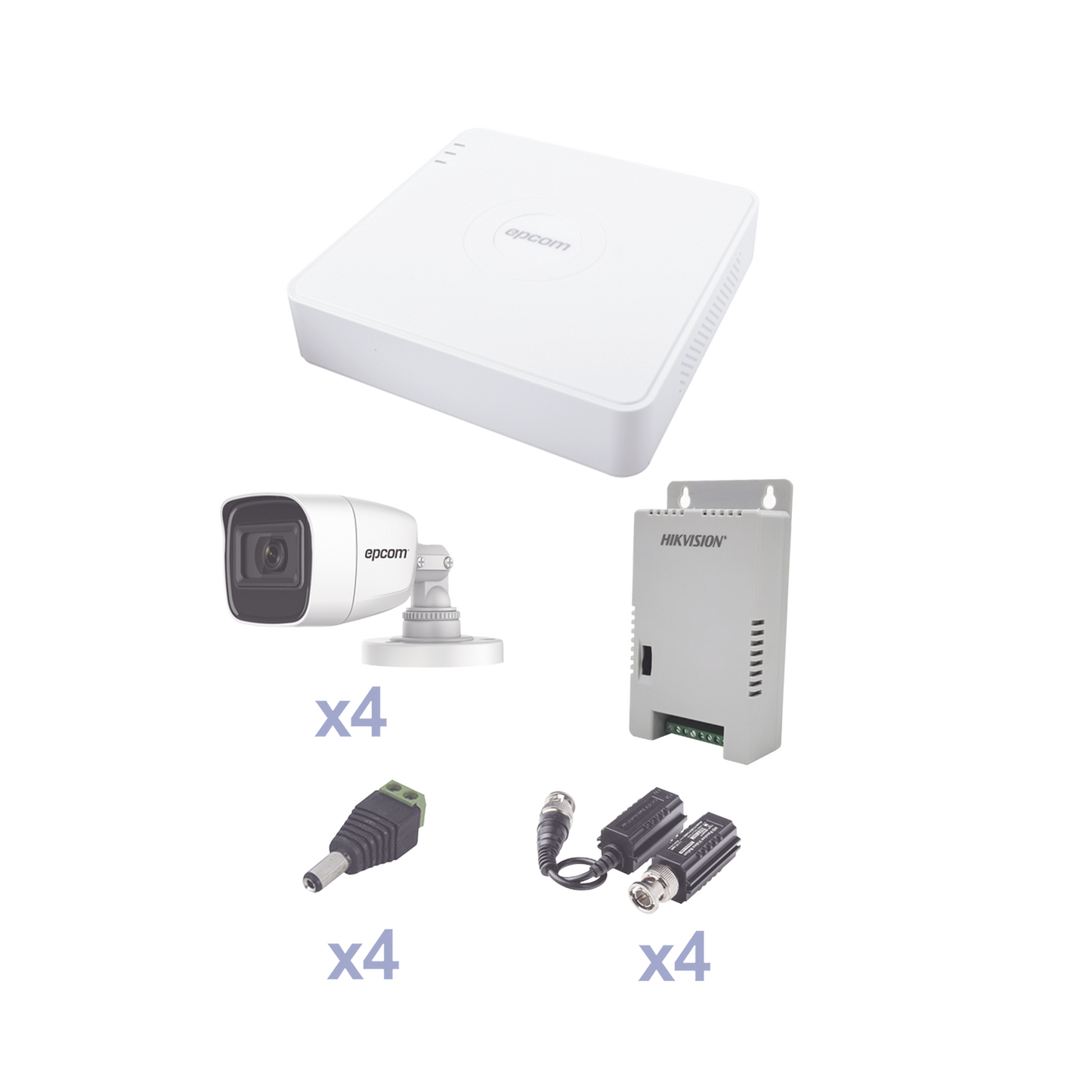 KIT TurboHD con Audio 1080p / DVR 4 Canales / 4 CÃ¡maras Bala (exterior 2.8 mm) / Transceptores / Conectores / Fuente de Poder / AUDIO POR COAXITRON