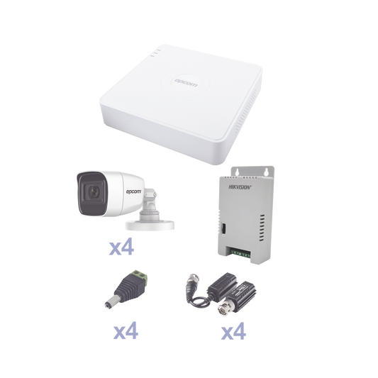 KIT TurboHD con Audio 1080p / DVR 4 Canales / 4 CÃ¡maras Bala (exterior 2.8 mm) / Transceptores / Conectores / Fuente de Poder / AUDIO POR COAXITRON
