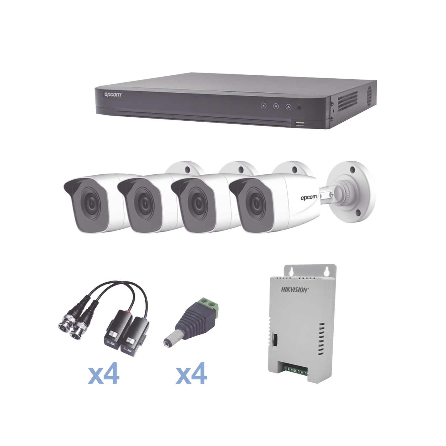 KIT TurboHD 1080p / DVR 4 Canales / 4 CÃ¡maras Bala MetÃ¡licas (exterior 2.8 mm) / Transceptores / Conectores / Fuente de Poder Profesional