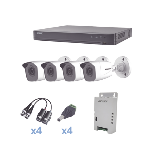 KIT TurboHD 1080p / DVR 4 Canales / 4 CÃ¡maras Bala MetÃ¡licas (exterior 2.8 mm) / Transceptores / Conectores / Fuente de Poder Profesional