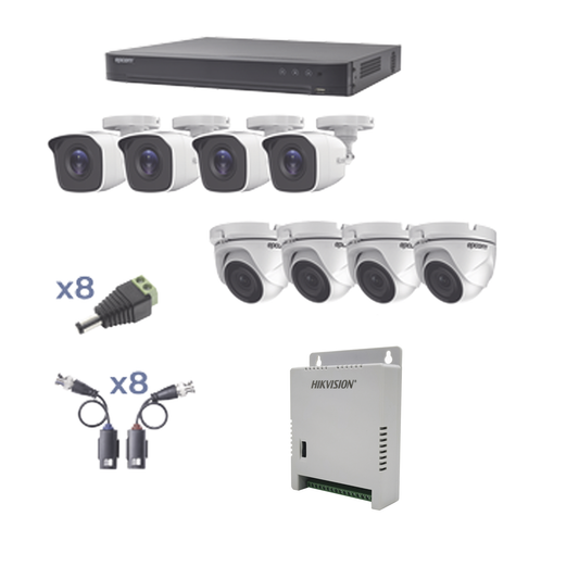 KIT TurboHD 1080p / DVR 8 Canales / 4 CÃ¡maras Bala (exterior 2.8 mm) / 4 CÃ¡maras Eyeball (exterior 2.8 mm) / Transceptores / Conectores / Fuente de Poder Profesional hasta 15 Vcc para Largas Distancias