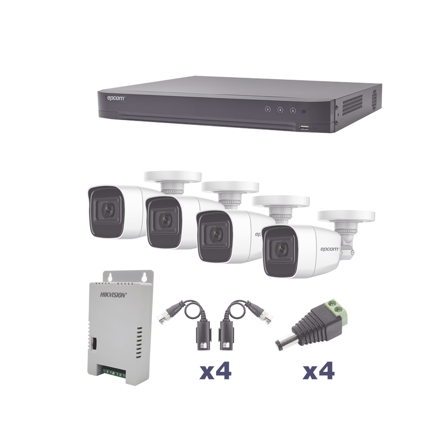 KIT TurboHD 1080p / DVR 4 Canales / 4 CÃ¡maras Bala Policarbonato con Audio Integrado (exterior 2.8 mm) / Transceptores / Conectores / Fuente de Poder Profesional
