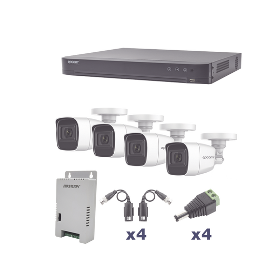 KIT TurboHD 1080p / DVR 4 Canales / 4 CÃ¡maras Bala Policarbonato con Audio Integrado (exterior 2.8 mm) / Transceptores / Conectores / Fuente de Poder Profesional
