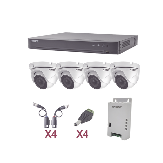 KIT TurboHD 1080p / DVR 4 Canales / 4 CÃ¡maras Eyeball (exterior 2.8 mm) / Transceptores / Conectores / Fuente de Poder Profesional