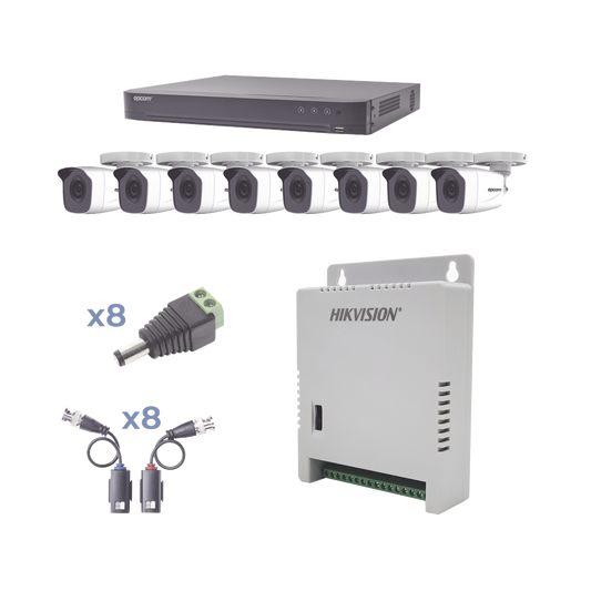 KIT TurboHD 1080p / DVR 8 Canales / 8 CÃ¡maras Bala (exterior 2.8 mm) / Transceptores / Conectores / Fuente de Poder Profesional hasta 15 Vcc para Larga Distancias