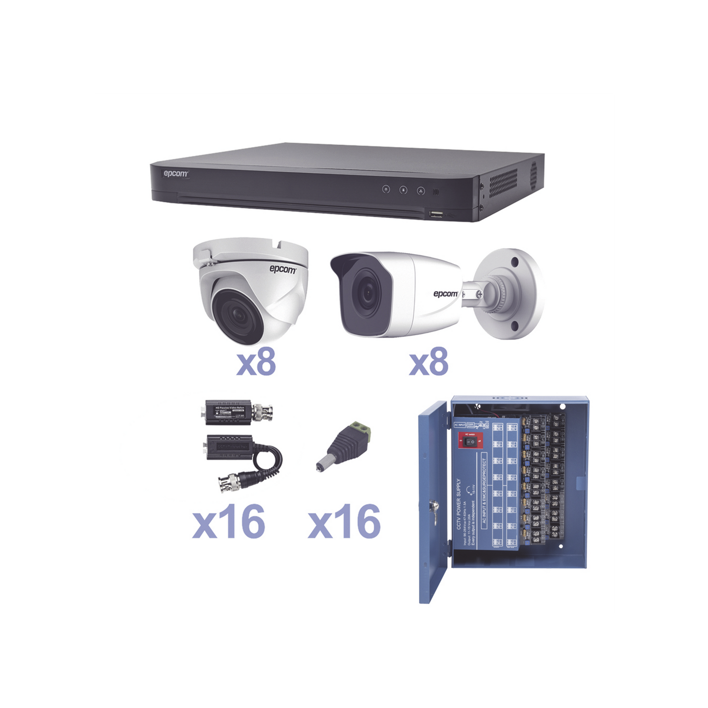 KIT TurboHD 1080p / DVR 16 Canales / 8 CÃ¡maras Bala (exterior 2.8 mm) / 8 CÃ¡maras Eyeball (exterior 2.8 mm) / Transceptores / Conectores / Fuente de Poder Profesional