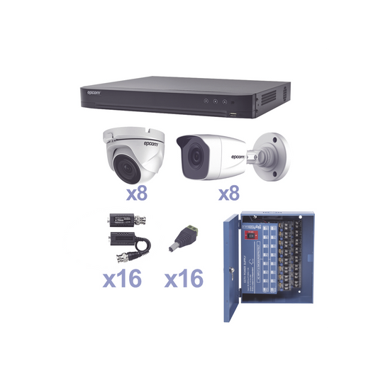 KIT TurboHD 1080p / DVR 16 Canales / 8 CÃ¡maras Bala (exterior 2.8 mm) / 8 CÃ¡maras Eyeball (exterior 2.8 mm) / Transceptores / Conectores / Fuente de Poder Profesional