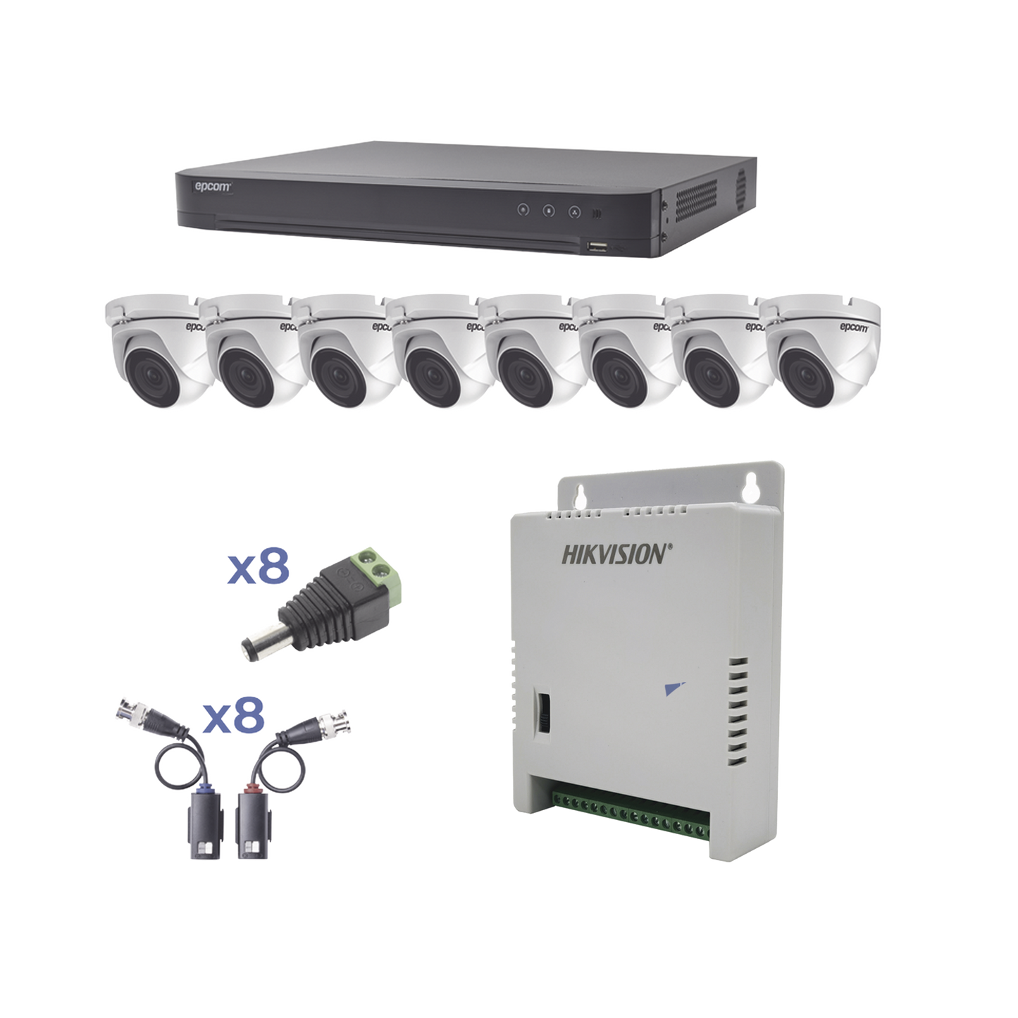 KIT TurboHD 1080p / DVR 8 Canales / 8 CÃ¡maras Eyeball (exterior 2.8 mm) / Transceptores / Conectores / Fuente de Poder Profesional hasta 15 Vcc para Larga Distancia