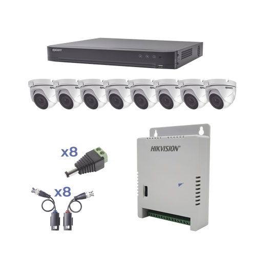 KIT TurboHD 1080p / DVR 8 Canales / 8 CÃ¡maras Eyeball (exterior 2.8 mm) / Transceptores / Conectores / Fuente de Poder Profesional hasta 15 Vcc para Larga Distancia
