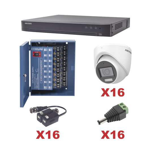 KIT TurboHD 1080p / DVR 16 Canales / 16 Cámaras Turret con Audio Integrado (Exterior 2.8 mm) / Transceptores / Conectore