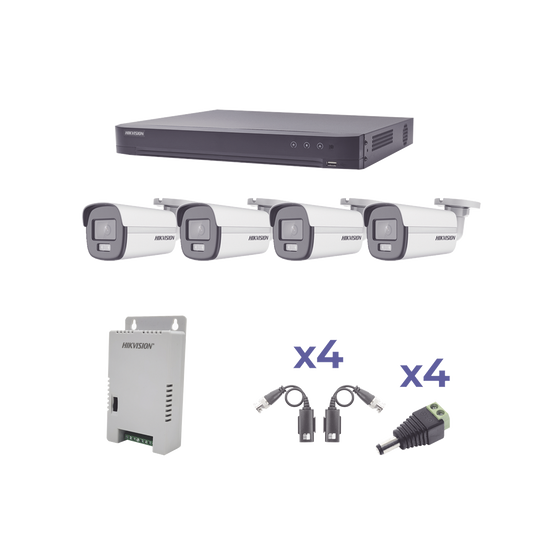 KIT COLORVU TURBOHD 1080p / DVR 4 Canales / 4 Cámaras Bala (exterior) lente 2.8mm / Fuente de poder profesional / Transc