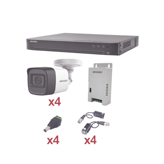 KIT TurboHD 1080p / DVR 4 Canales / 4 Cámaras Bala (exterior 2.8 mm) / Transceptores / Conectores / Fuente de Poder Prof
