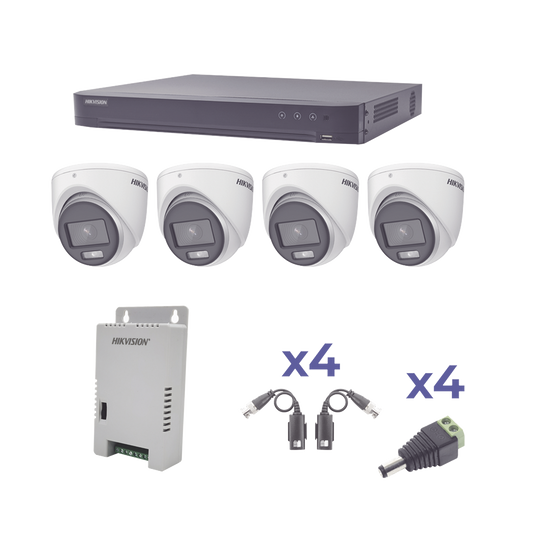KIT COLORVU TURBOHD 1080p / DVR 4 Canales / 4 Cámaras eyeball (exterior) lente 2.8mm / Fuente de poder profesional / Tra