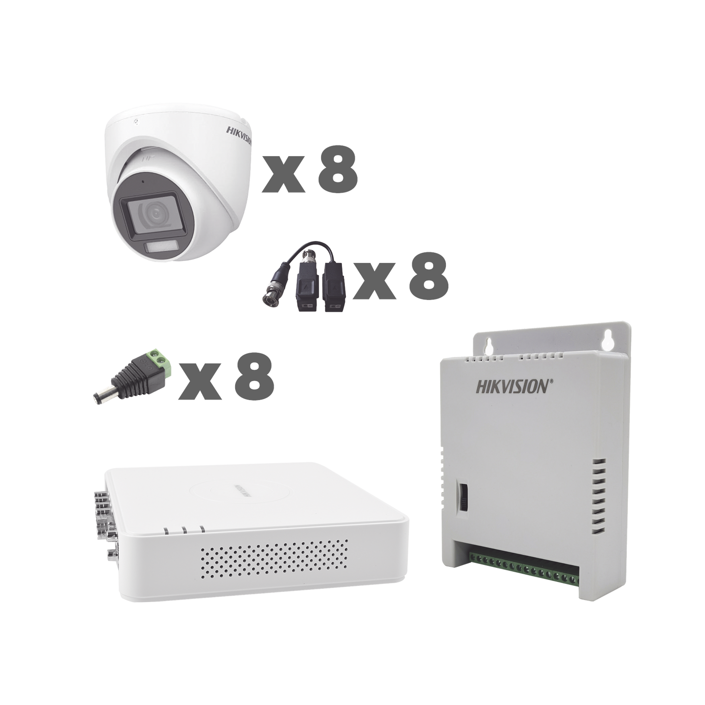 KIT TurboHD 1080p / DVR 8 Canales con audio por coaxitron / 8 Cámaras con Micrófono Integrado 106° Visión/ luz blanca + IR visión nocturna / Transceptores / Conectores / Fuente de Poder Profesional