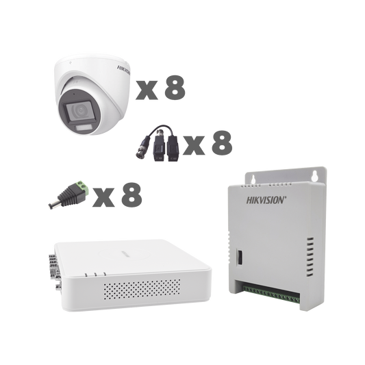 KIT TurboHD 1080p / DVR 8 Canales con audio por coaxitron / 8 Cámaras con Micrófono Integrado 106° Visión/ luz blanca + IR visión nocturna / Transceptores / Conectores / Fuente de Poder Profesional