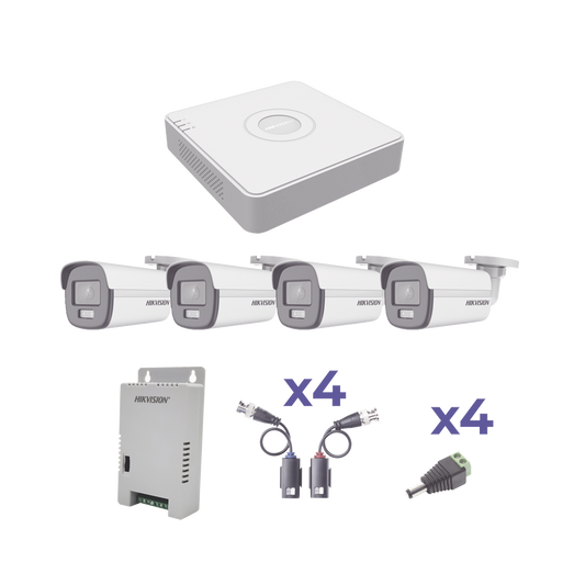 KIT COLORVU TURBOHD 1080p Lite / DVR 4 Canales / 4 Cámaras Bala (exterior 2.8 mm) / Transceptores / Conectores / Fuente 