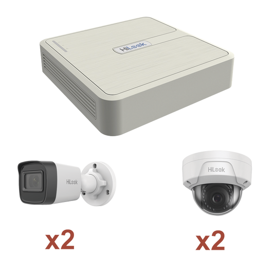 Kit IP 1080p (2 Megapixel) / NVR de 4 Canales con 4 Puertos PoE / 2 CÃ¡maras IP Bala para Exterior / 2 CÃ¡maras IP Domo para Exterior