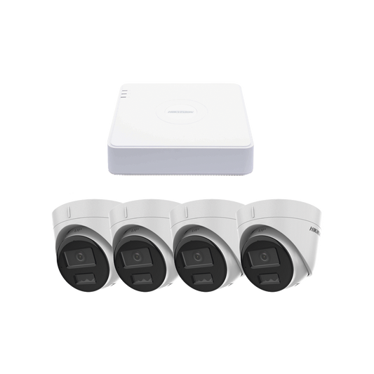 Kit IP 1080p (2 Megapixel) / NVR de 4 Canales con 4 Puertos PoE / 4 Cámaras IP Turret con Micrófono Integrado / ColorVu 