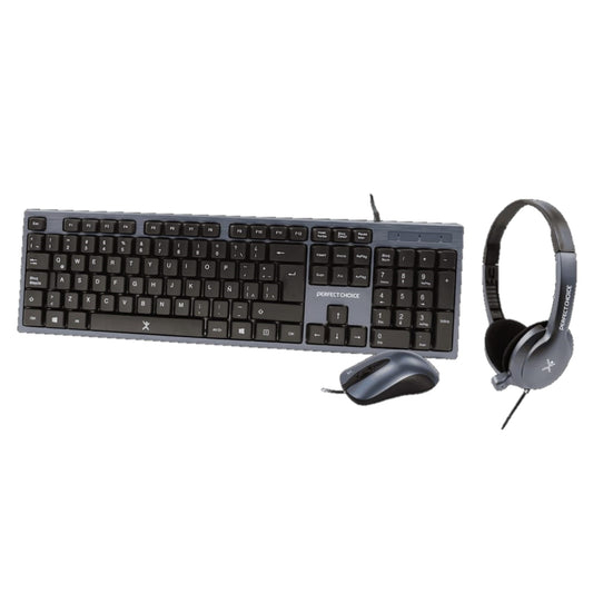 Kit Teclado+Mouse+Diadema para Oficina PERFECT CHOICE PC-201700, Negro, 1000 DPI