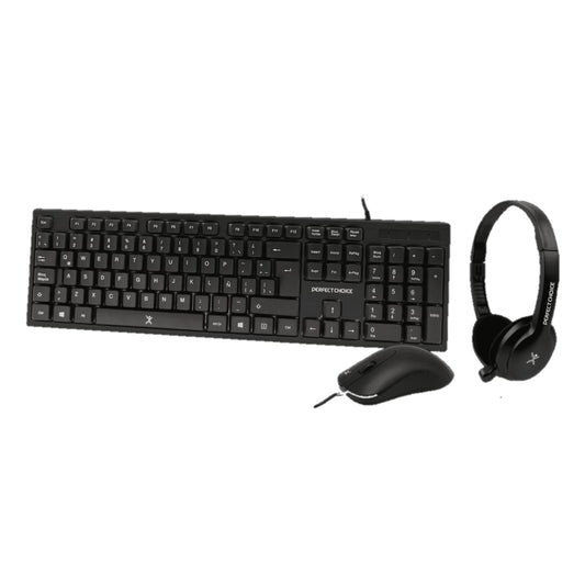 Kit Teclado+Mouse+Diadema para Oficina  PERFECT CHOICE PC-201717, Negro, 1000 DPI
