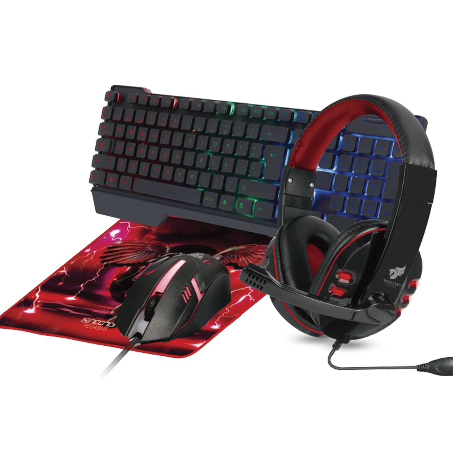 KIT GAMING 4 EN 1 NGC-PEGASUS AUDIFONOS LED TECLADO 104 BOTONES MOUSE 3 BOTONES 1000DPI MOUSEPAD ROJO