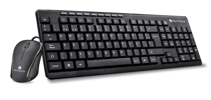 Kit Essencially TechZone, combo alámbrico con conexión USB, mouse 1000 DPI's, teclado con 112 teclas tipo QWERTY, 1 año de garantía.